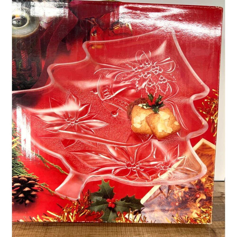 Home Beautiful Holiday Tree-Shaped Glass Serving Platter With Poinsettia Design